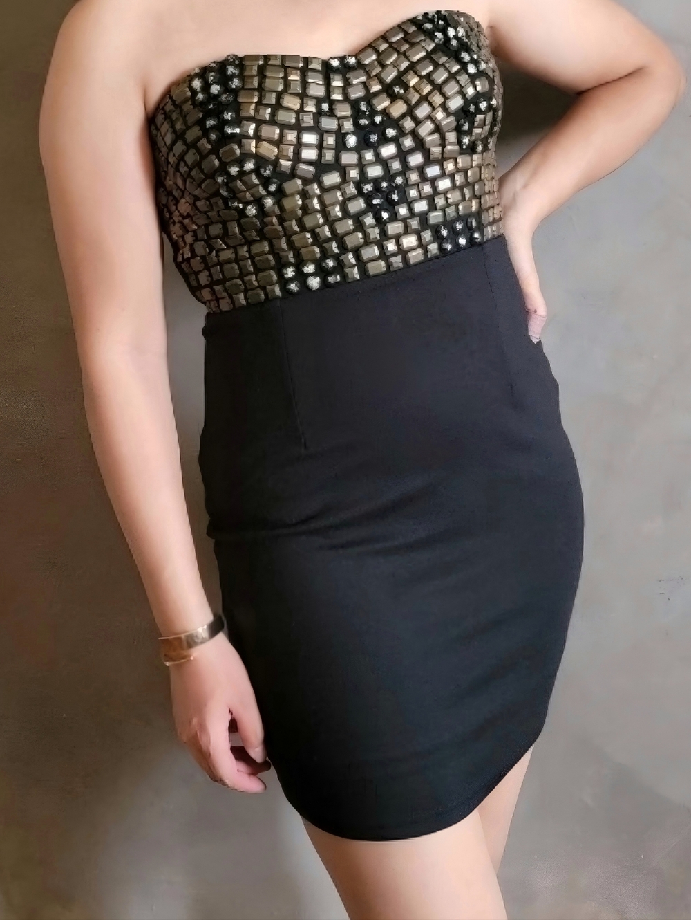 Frederick's of Hollywood Black Mini Dress with Gold Embellished Bodice
